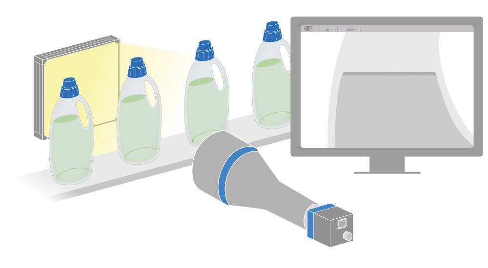 Application: Silhouette and fill level inspection of a large detergent plastic bottle. Sample: Detergent plastic bottle. LTBCL series backlight uniformly illuminates the inspected workpiece and ensures high image contrast for accurate measurement of the bottle and liquid level inspection.